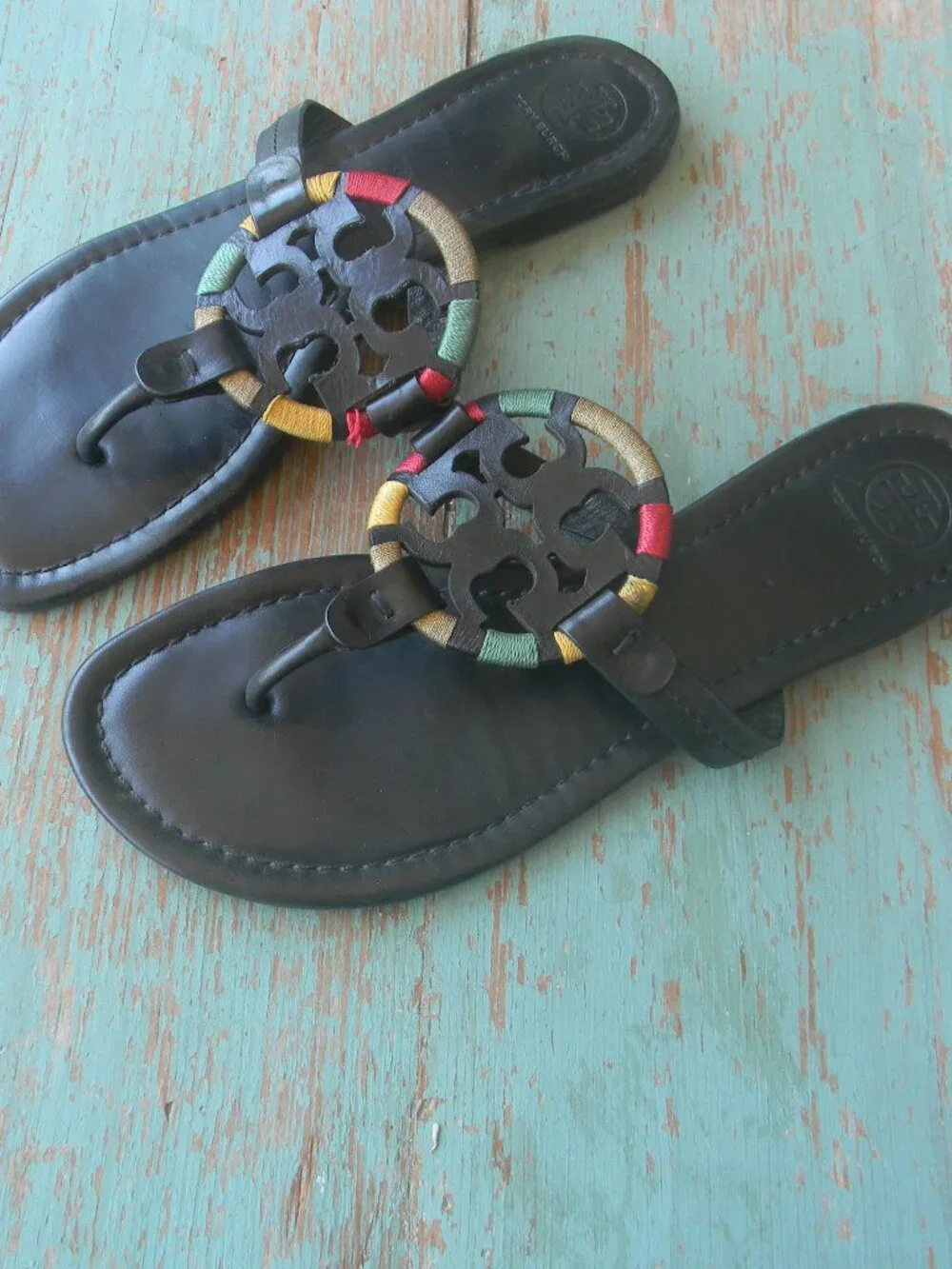 Tory Burch Embroidered Rainbow BLACK LEATHER Miller Sandals  Size 9M
